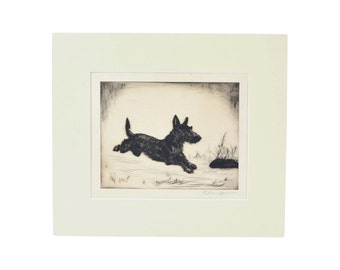 Vintage 1930’s Etching of Scotty Dog Leaping Signed Allan Spencer