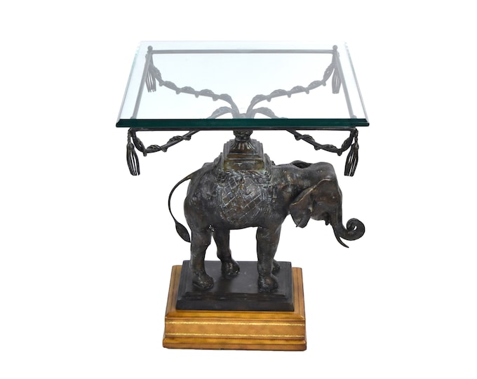 Vintage Maitland Smith Figural Bronze Elephant End Table on Leather Clad Plinth