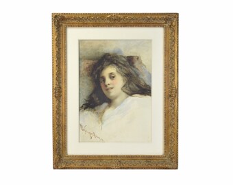 1872 Pre-Raphaelite Style Watercolor Portrait Young Woman in Repose signed