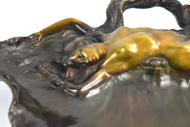 Antique Alfred Foretay Art Nouveau Period Figural Nude Bronze Tray Sculpture Signed image 6