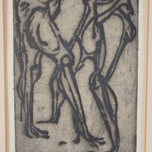 Vintage Surrealist Abstracted Woodcut Print of Armored Figures in Combat image 4