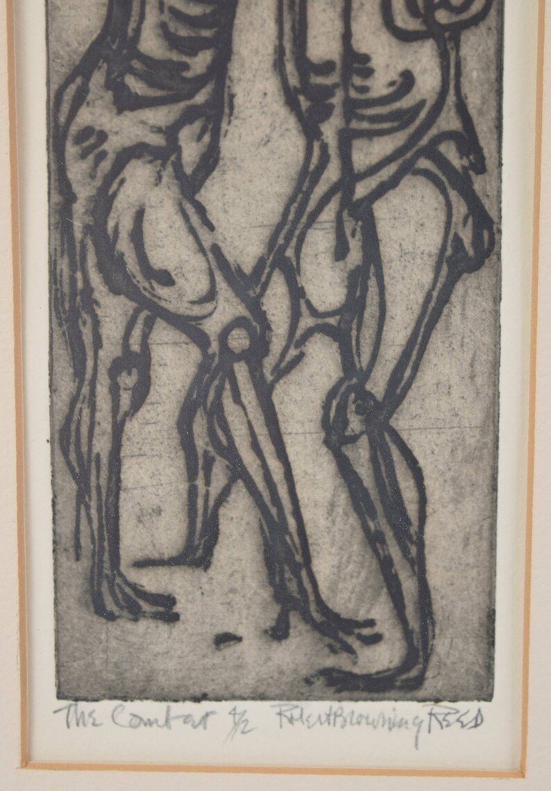 Vintage Surrealist Abstracted Woodcut Print of Armored Figures in Combat image 4