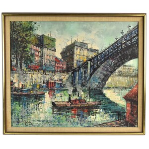 Vintage Midcentury Modern Oil Painting Seine River Barges under Bridge Paris sgd image 1