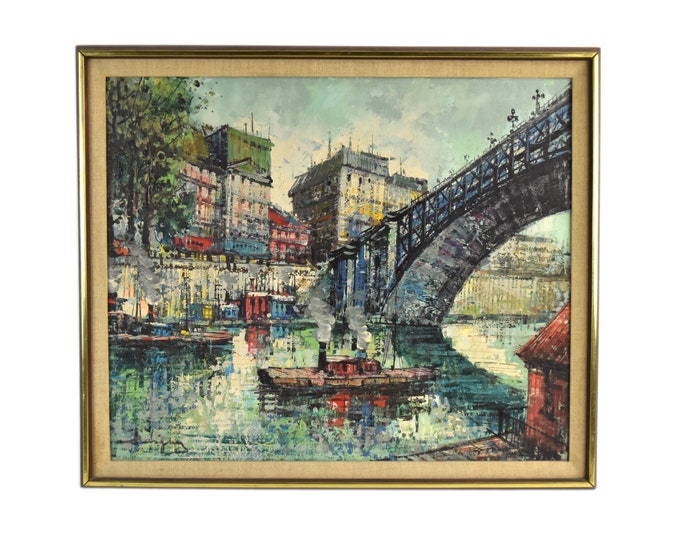 Vintage Midcentury Modern Oil Painting Seine River Barges under Bridge Paris sgd