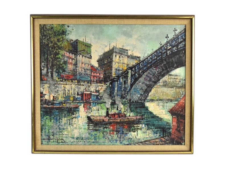 Vintage Midcentury Modern Oil Painting Seine River Barges under Bridge Paris sgd image 1