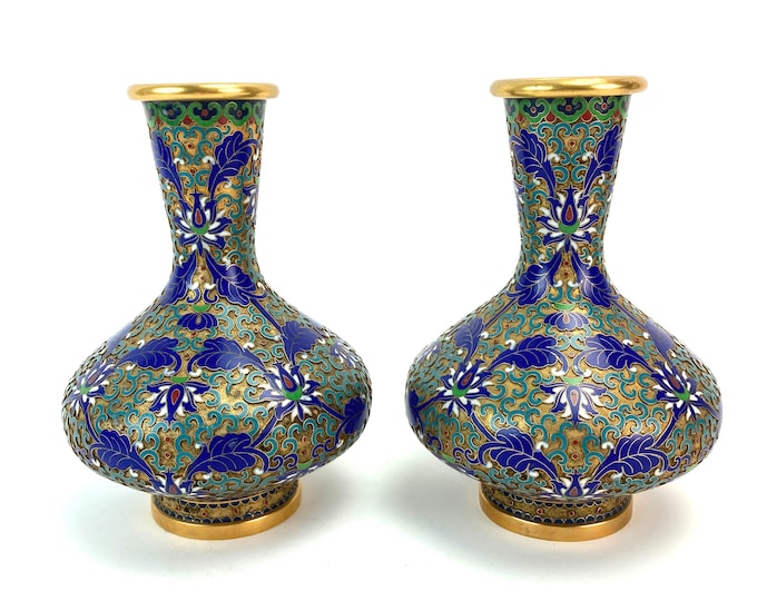 SOLD!! Vintage Pair Chinese Gilt Bronze Relief Cloisonne Enamel Vases