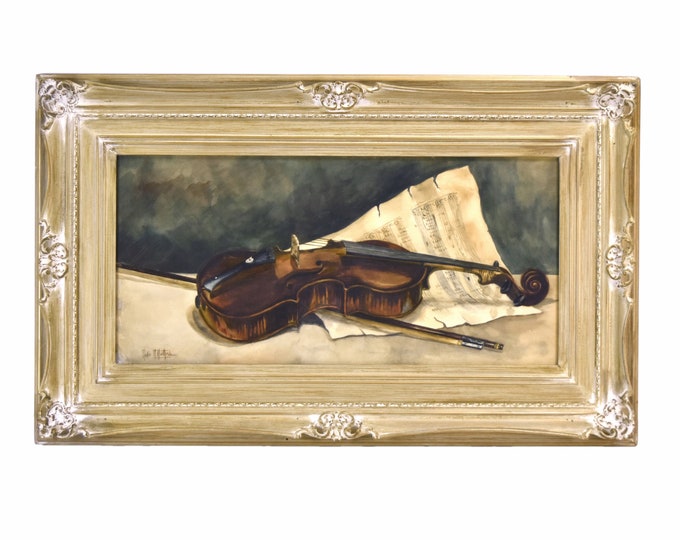 19th Century Watercolor Painting Violin w Sheet Music signed Nellie Northrup
