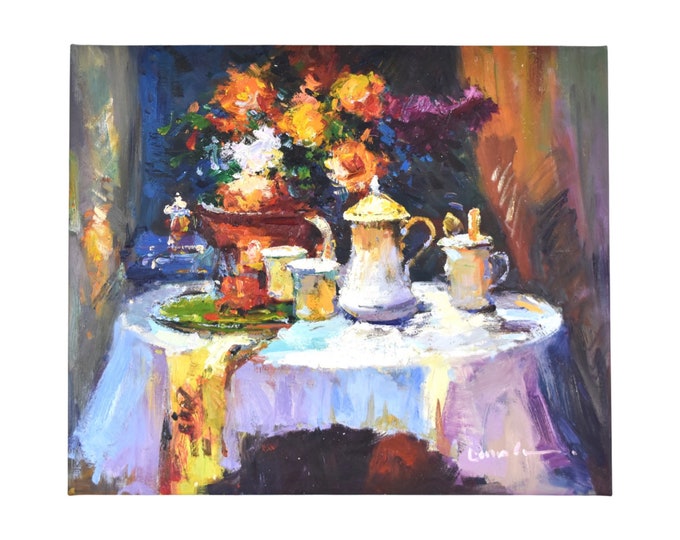 Vintage Impressionist Oil Painting Floral Bouquet High Tea Service signed illegibly