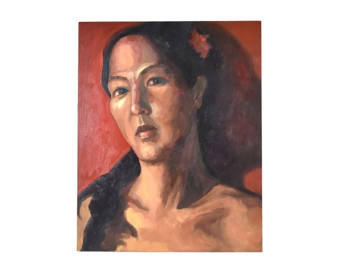 Impressionist Portrait Oil Painting Asian Woman w Flower in Hair Lenell Chicago Artist