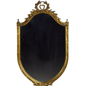 Antique Shield Form Gilt Wood Wall Mirror w Laurel Leaf Crest and Border image 2