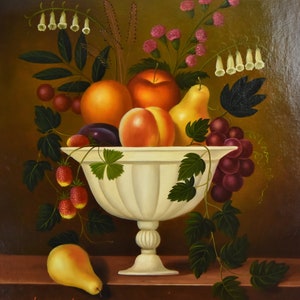 Vintage Oil Painting Still Life Fruit and Bellflowers in Scalloped Bowl image 2