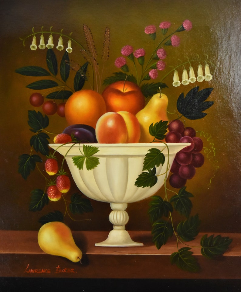 Vintage Oil Painting Still Life Fruit and Bellflowers in Scalloped Bowl image 2