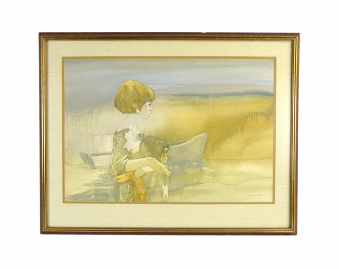 1960’s Shelly Canton Watercolor Two Girls Looking Out to Lake Michigan Chicago
