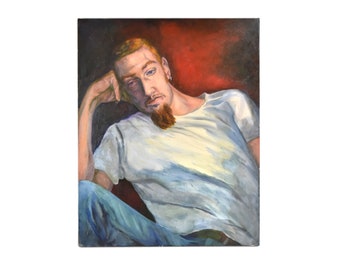 Oil Painting Portrait Young Man in T-Shirt w Goatee & Earring Lenell Chicago