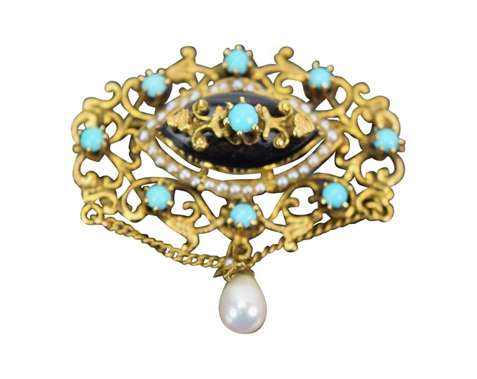 Vintage Victorian Style 14k Solid Gold Brooch Pendant Turquoise Onyx Teardrop Pearl