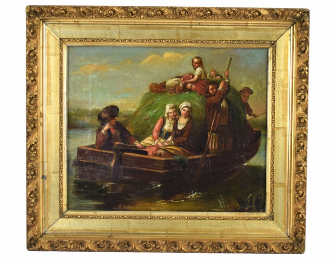 Antique Early 19th C. Dutch Oil Painting Shy Young Women on Hay Barge w Villagers original wall art