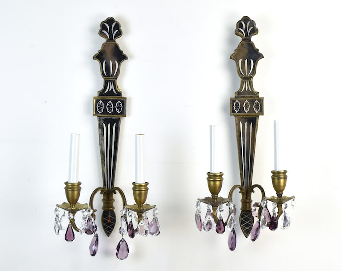 Pair of Venetian Style Torch Shape Mirror Back Sconces with Crystal Lusters