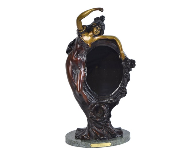 Cold-Painted Bronze Sculpture Art Nouveau Beauty dresser Mirror After Auguste Moreau