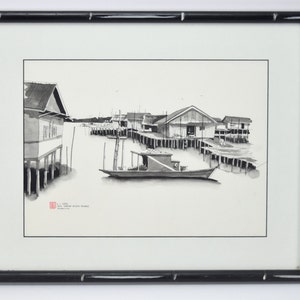 Pair Pen & Ink Watercolor Paintings Malaysian Fishing Village Scene by L. L. Wee image 2