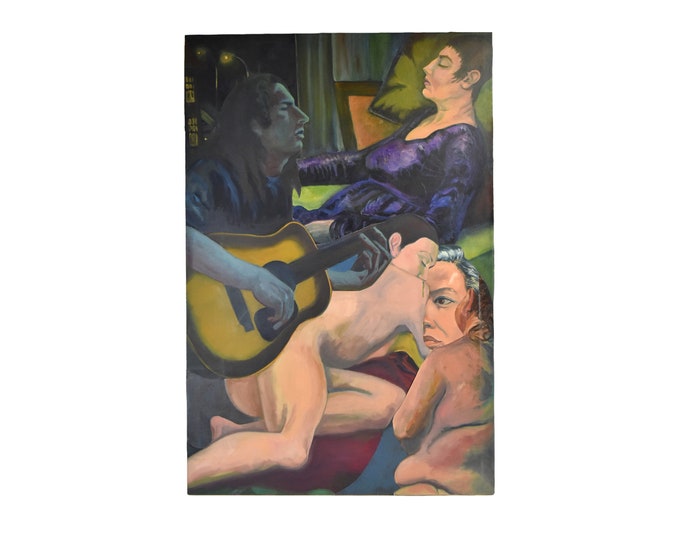 Large Surrealist Collage Oil Painting Musician w Nude Women Lenell Chicago Artist