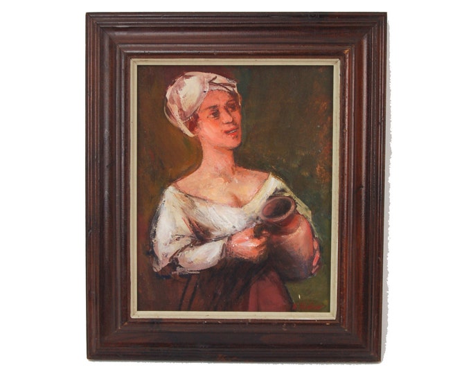 Midcentury Stylized Scullery Maid Oil Painting Walter Moskow Evanston Artist