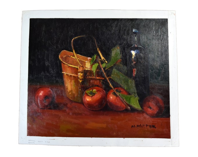 Impressionist Oil Painting Apples with Basket and Wine Bottle Still Life signed Harper