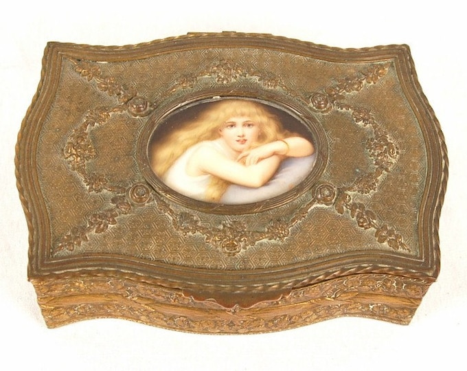 Antique French Bronze Box Porcelain Miniature Portrait Pre-Raphaelite Beauty Coomans Sougeuse