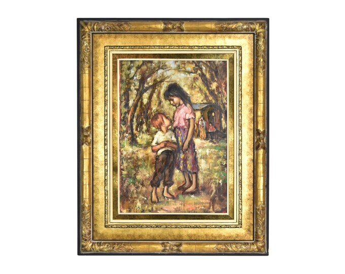 French Romani Gypsy Children Caravan Oil Painting signed Georgette Nivert