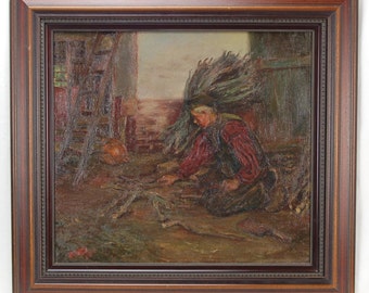 Antique 1900 Oil Painting Dutch Farmer Building Starting a Fire Signed Hehn
