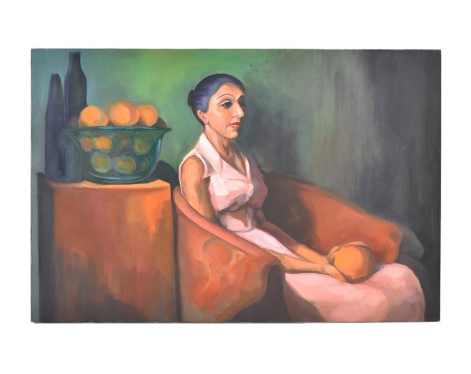 Portrait Woman in Pink Dress w Oranges Oil Painting Lenell Chicago Artist