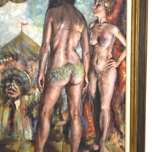 Richard Hauser Oil Painting Traveling Burlesque Dancers w Carnival Barker and Crowd image 3