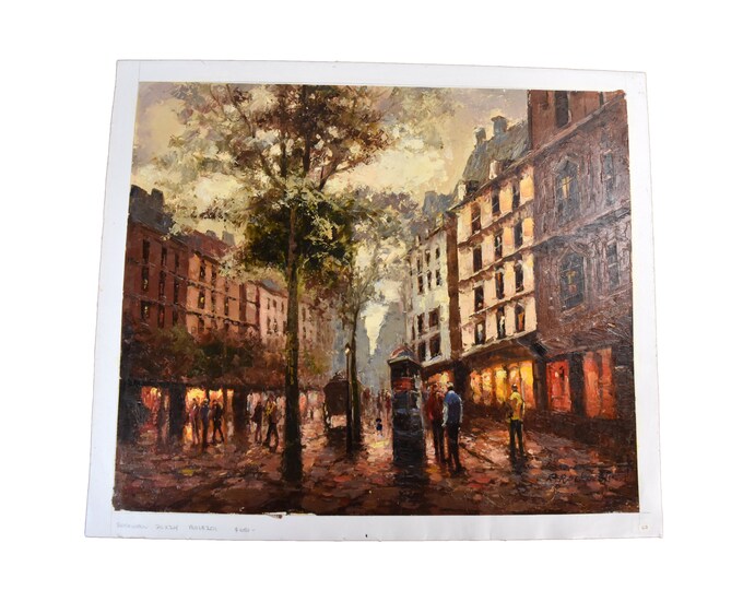 Impressionist Oil Painting Parisian Street Scene Phonebooth Pedestrians sgd Rockwell