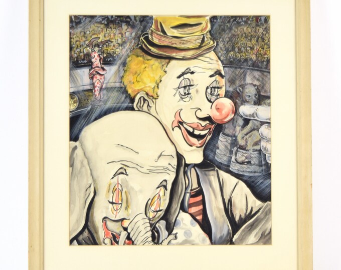 Vintage 1964 Watercolor Circus Painting Clown with Baby Elephant Signed