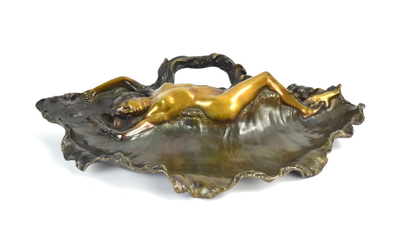 Antique Alfred Foretay Art Nouveau Period Figural Nude Bronze Tray Sculpture Signed image 2