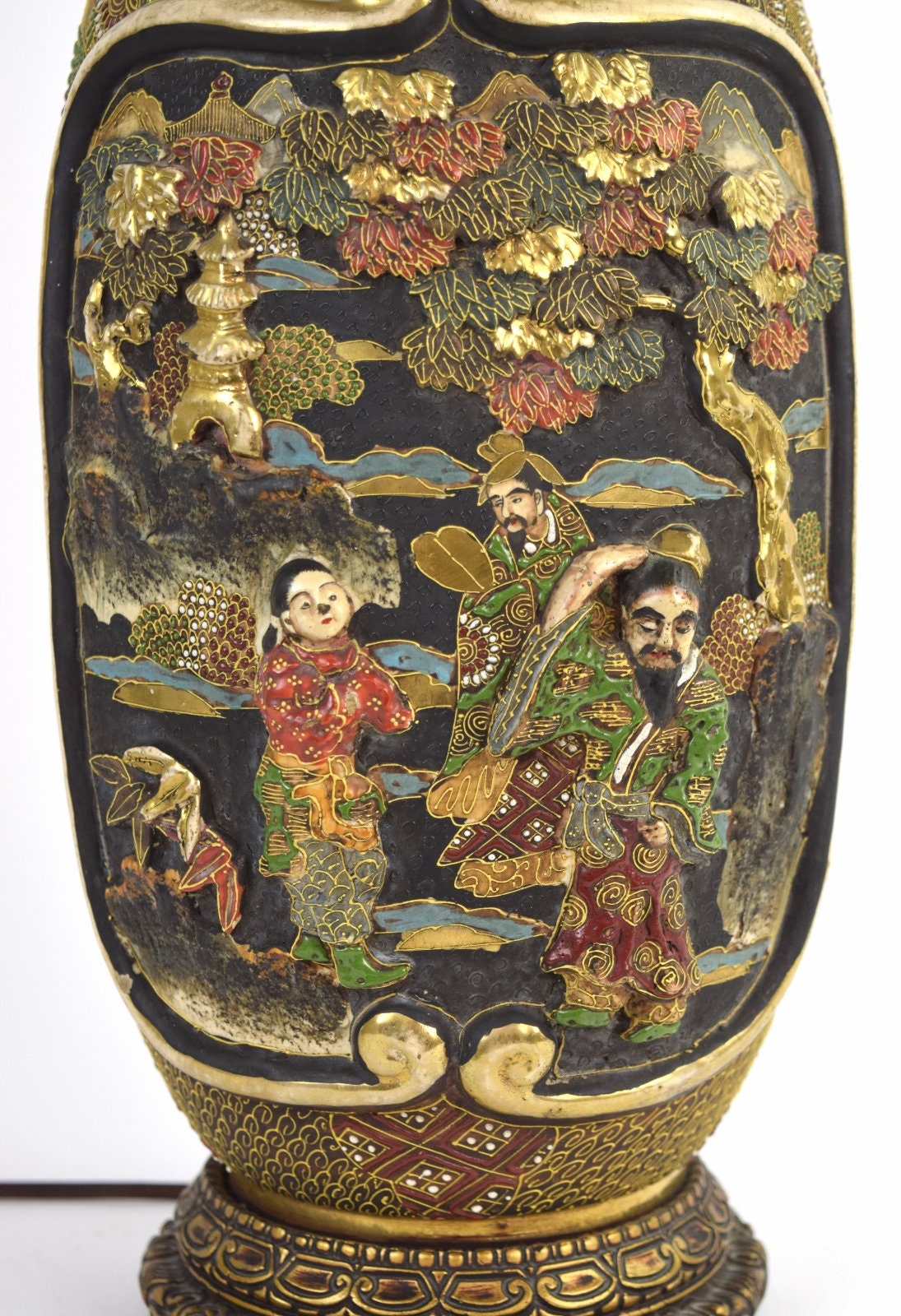 Antique Japanese Satsuma Bas Relief Immortals Vase Table Lamp