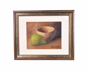 Impressionist Still Life Painting Bowl with Green Pear signed