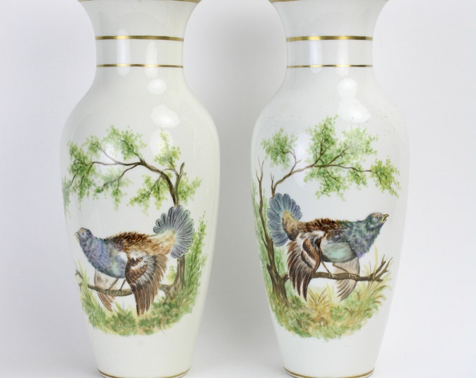 Pair Antique Hand Painted Porcelain Mantle Vases with Birds Blue Quail