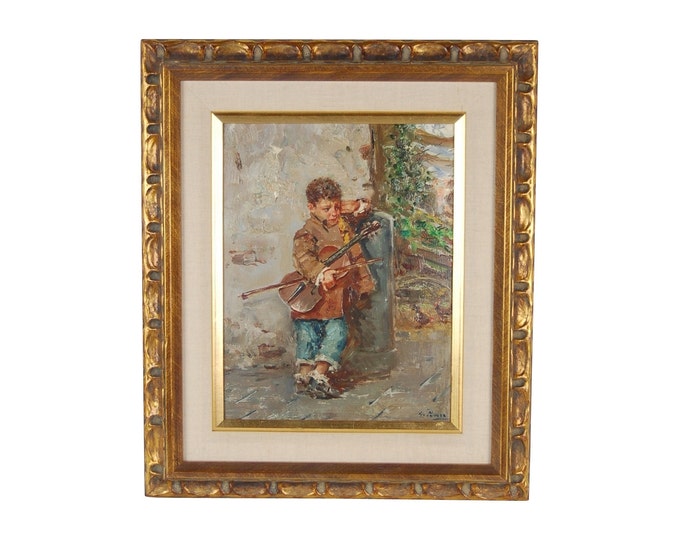 Vintage Italian Impressionist Painting Giovanni Panza Little Boy Busker w Violin