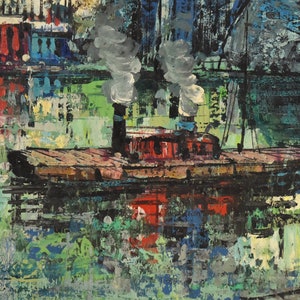 Vintage Midcentury Modern Oil Painting Seine River Barges under Bridge Paris sgd image 4