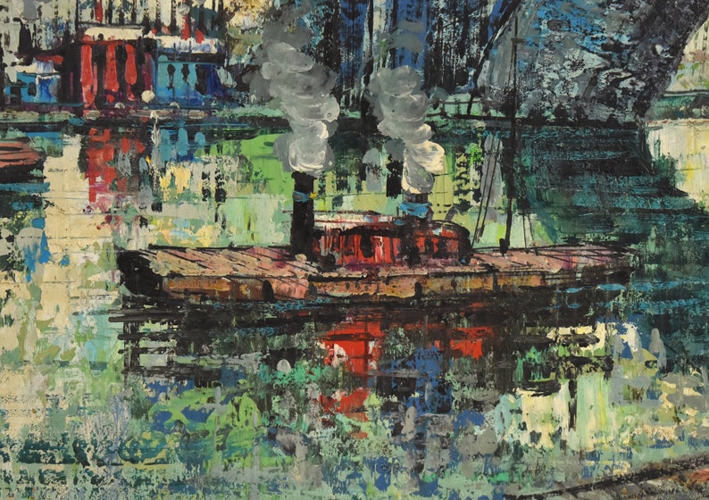 Vintage Midcentury Modern Oil Painting Seine River Barges under Bridge Paris sgd image 4