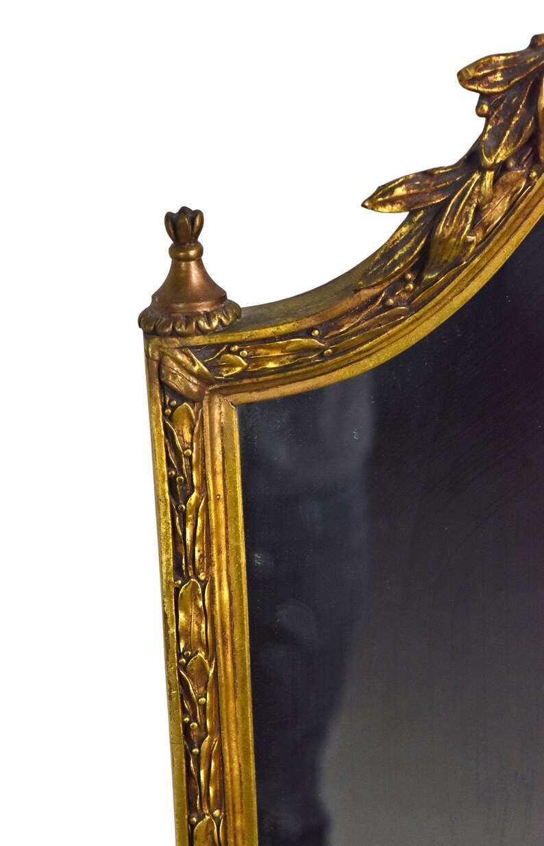 Antique Shield Form Gilt Wood Wall Mirror w Laurel Leaf Crest and Border image 3
