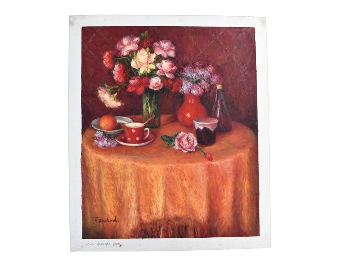 Impressionist Oil Painting Still Life of Flower Bouquet and Cups with Orange sgd Richards
