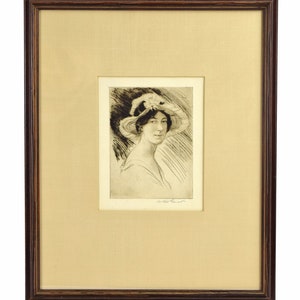 1920s Etching Portrait Woman in Summer Hat & Dress signed Arthur Garratt Original Wall Art image 2