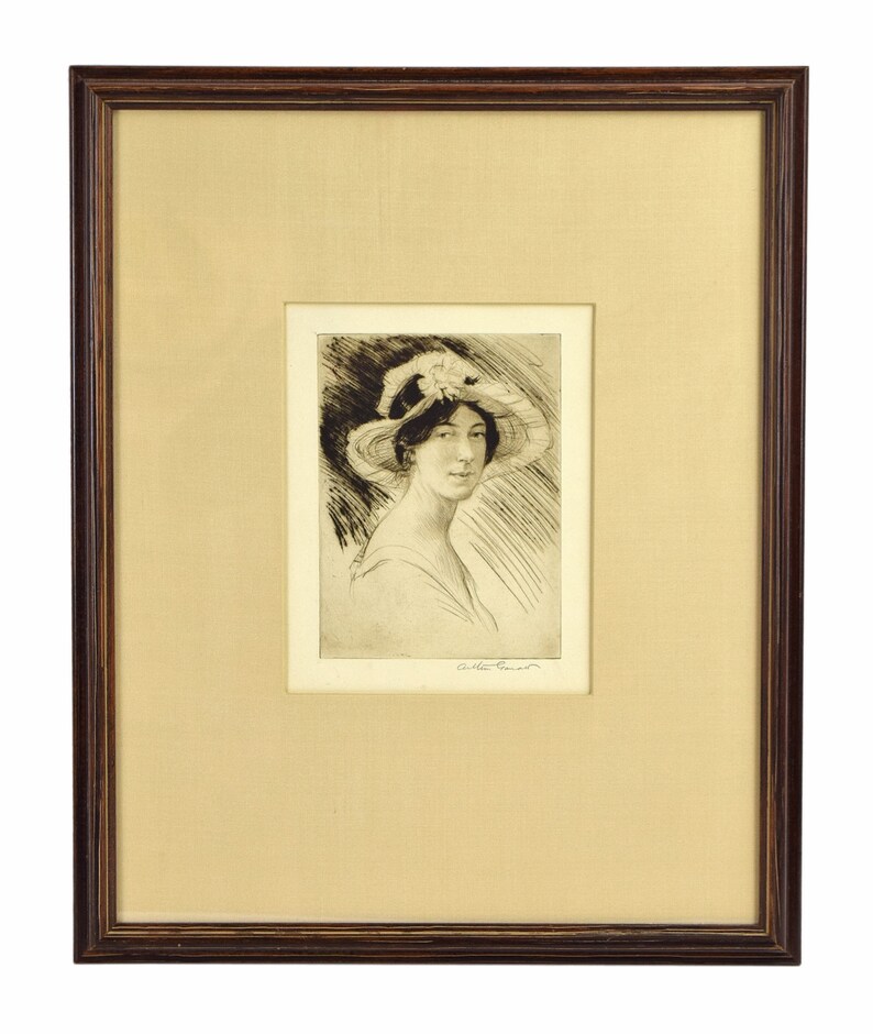 1920s Etching Portrait Woman in Summer Hat & Dress signed Arthur Garratt Original Wall Art image 2