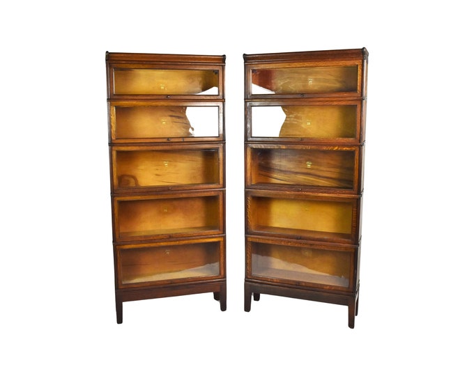 SOLD!! Pair Antique Oak Macey Barrister Lawyers Bookcase w Glass Doors 5-stack