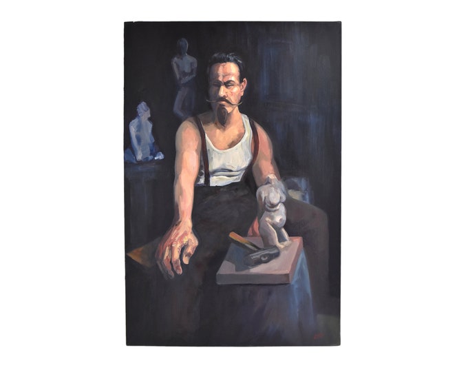 Oil Painting Portrait Muscular Sculptor w Handle Bar Mustache by Lenell Chicago