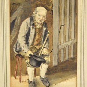 19th Century English Watercolor Old Man on Stool with Cane and Hat image 2