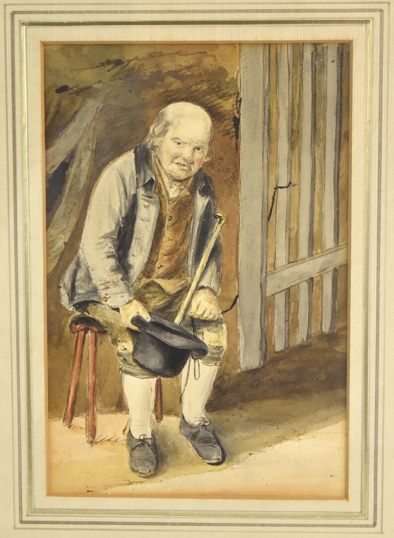 19th Century English Watercolor Old Man on Stool with Cane and Hat image 2