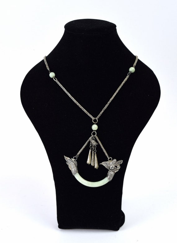 Antique Estate Chinese Silver Dragon Jade Pendant