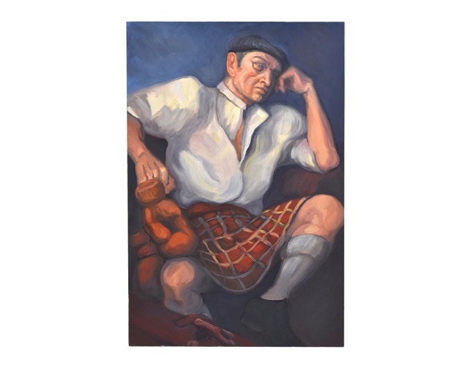 Portrait Seated Man in Scottish Kilt Tam O'Shanter Cap Oil Painting Lenell Chicago Artist